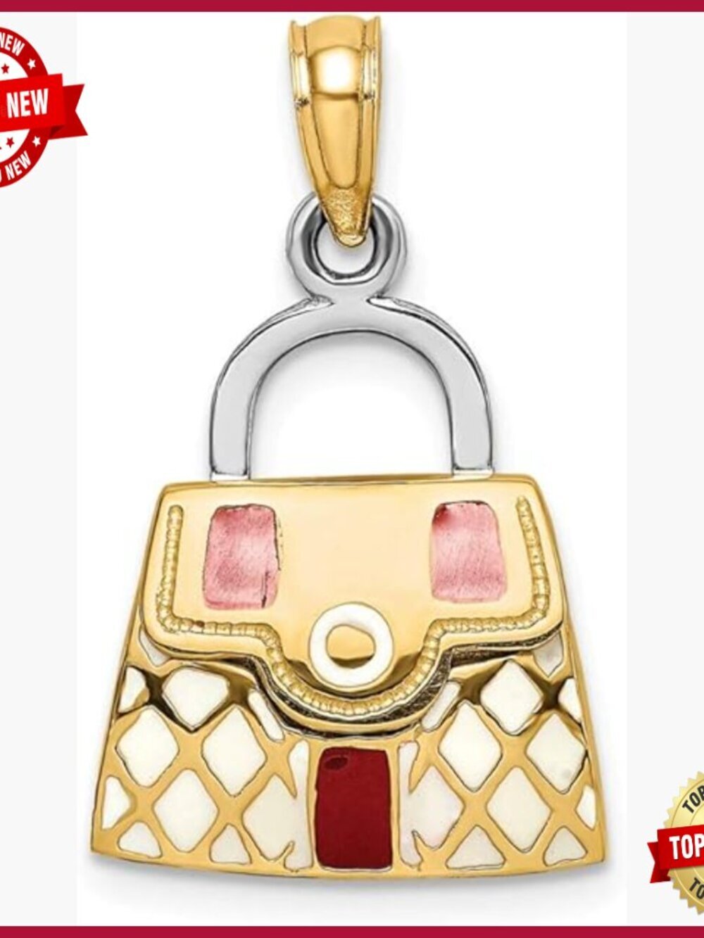 14K Yellow Gold 3D Quilted Handbag Pendant, Movable Charm, Fine Jewelry